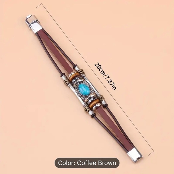 COPY - Elegant Tribal Vintage Green Turquoise Beads & PU Leather Bracelet - Picture 2 of 5